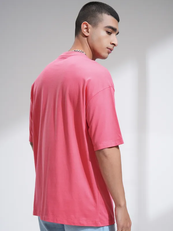 Highlander Men Pink Self Design Round Neck Oversized Fit T-Shirt