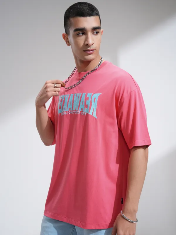 Highlander Men Pink Self Design Round Neck Oversized Fit T-Shirt