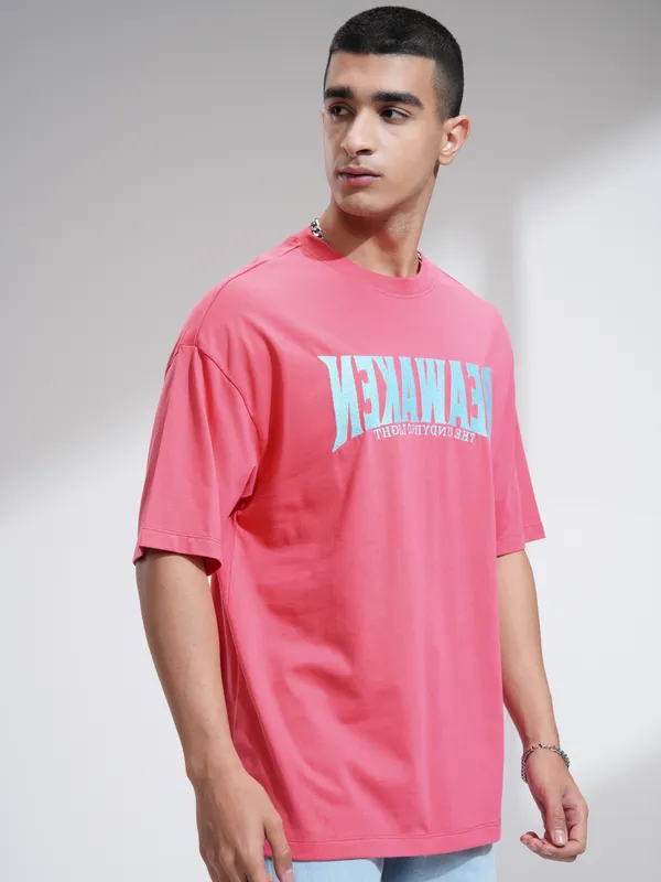 Highlander Men Pink Self Design Round Neck Oversized Fit T-Shirt