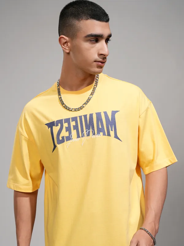 Highlander Men Yellow Printed Round Neck Oversized Fit T-Shirt