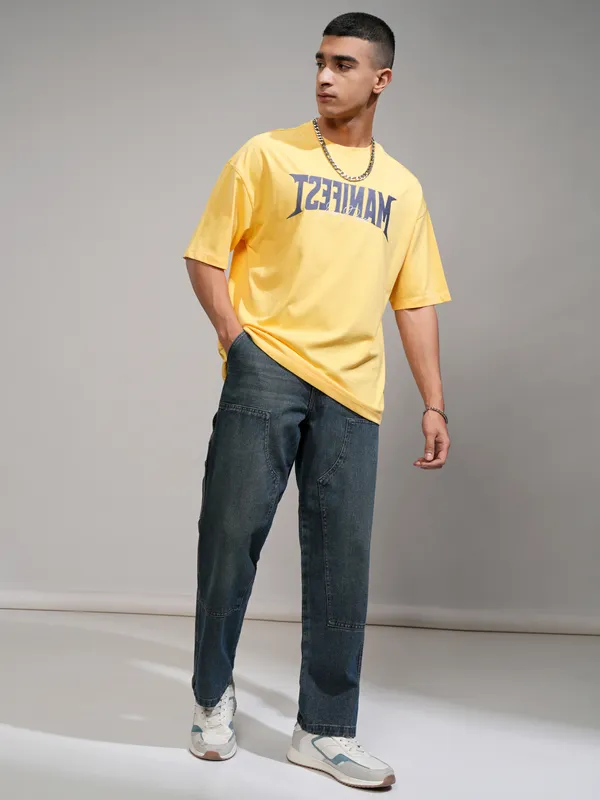 Highlander Men Yellow Printed Round Neck Oversized Fit T-Shirt