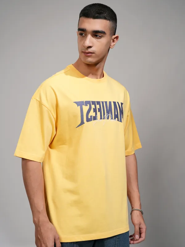 Highlander Men Yellow Printed Round Neck Oversized Fit T-Shirt