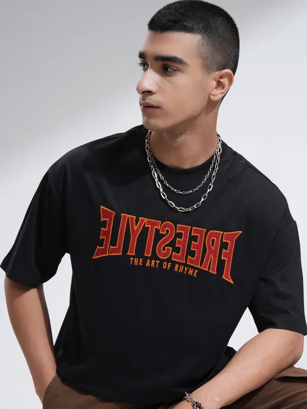 Highlander Men Black Self Design Round Neck Oversized Fit T-Shirt