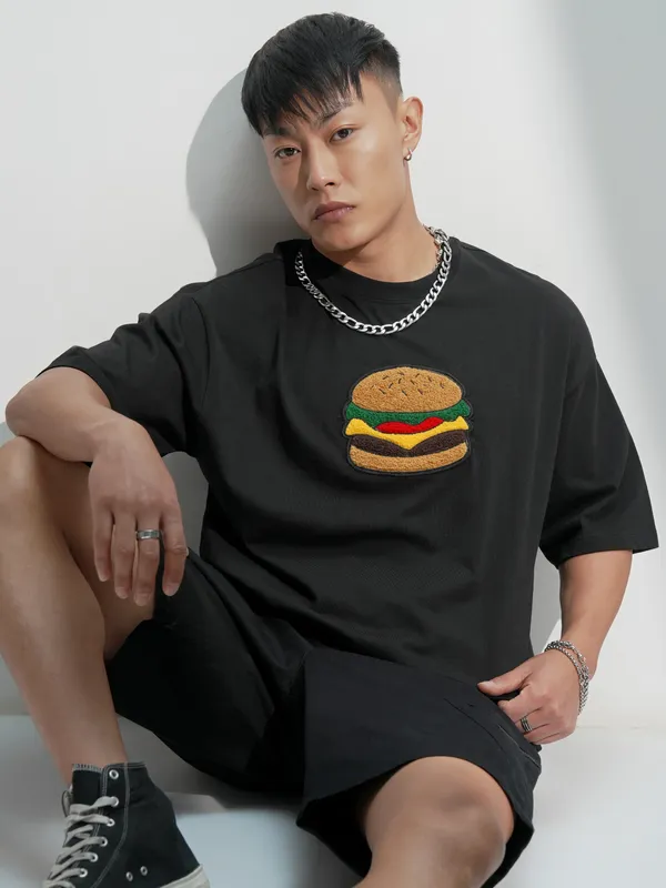 Highlander Men Black Self Design Round Neck Oversized Fit T-Shirt