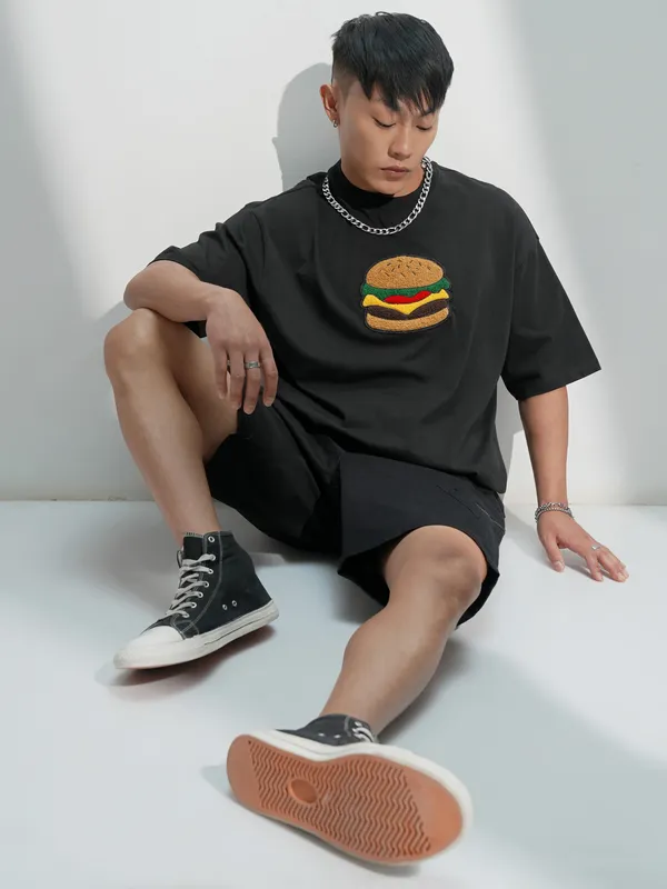 Highlander Men Black Self Design Round Neck Oversized Fit T-Shirt
