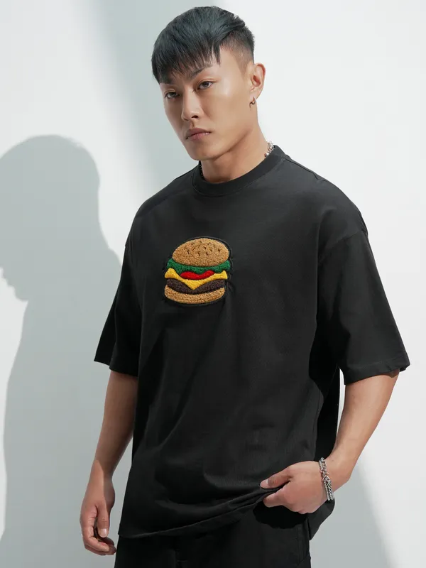 Highlander Men Black Self Design Round Neck Oversized Fit T-Shirt
