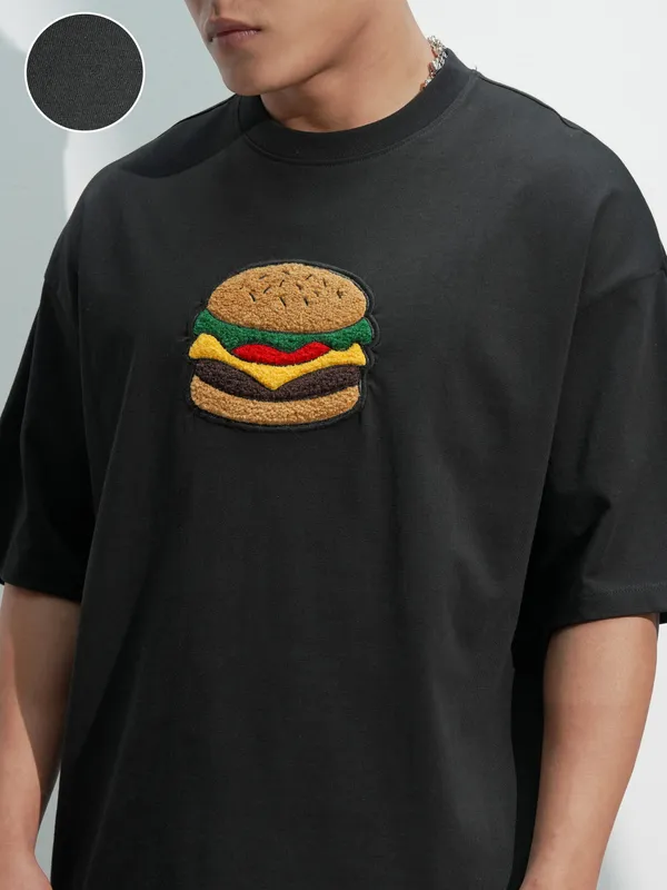 Highlander Men Black Self Design Round Neck Oversized Fit T-Shirt