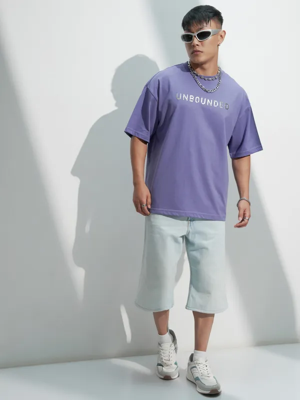 Highlander Men Purple Printed Round Neck Oversized Fit T-Shirt