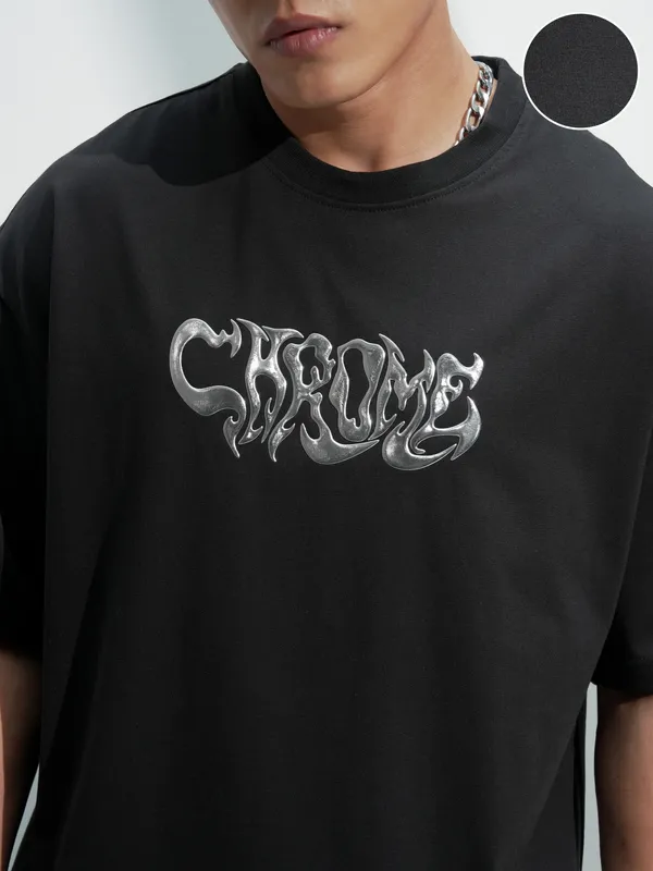 Highlander Men Black Printed Round Neck Oversized Fit T-Shirt