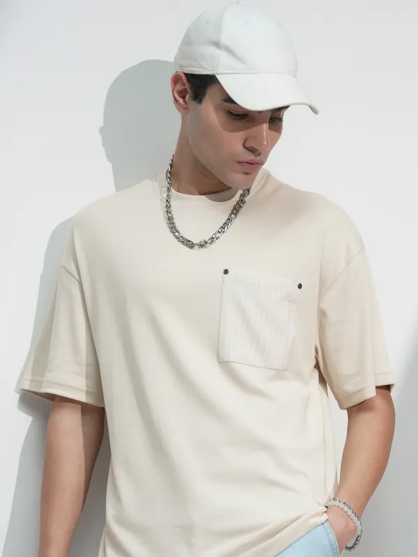 Highlander Men Cream Solid Round Neck Oversized Fit T-Shirt