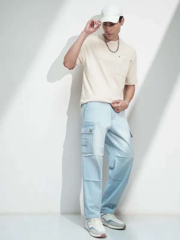 Highlander Men Cream Solid Round Neck Oversized Fit T-Shirt