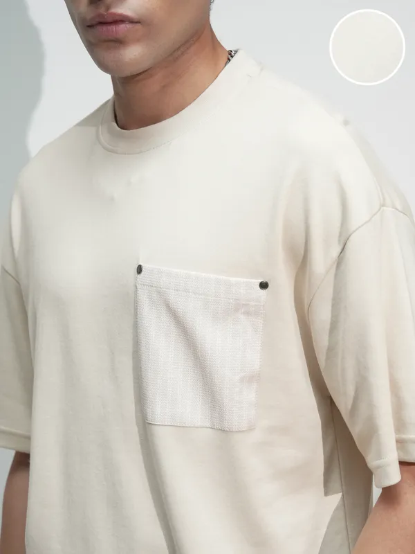 Highlander Men Cream Solid Round Neck Oversized Fit T-Shirt