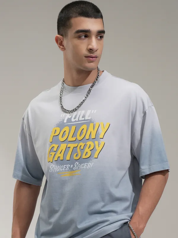 Highlander Men Grey Printed Round Neck Oversized Fit T-Shirt