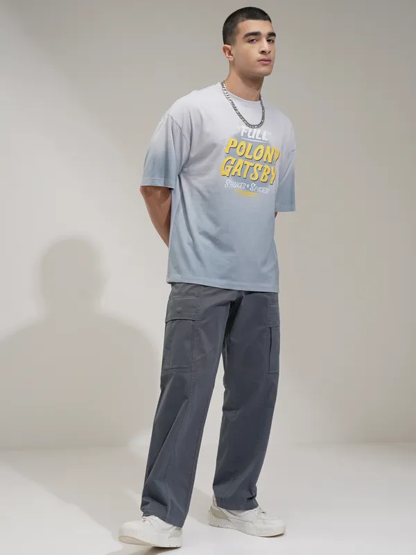 Highlander Men Grey Printed Round Neck Oversized Fit T-Shirt