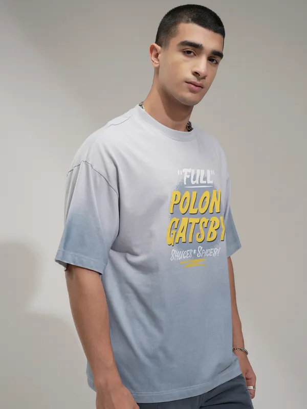 Highlander Men Grey Printed Round Neck Oversized Fit T-Shirt