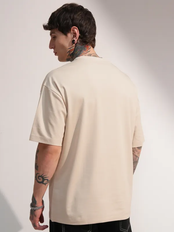 Highlander Men Beige Solid Round Neck Oversized Fit T-Shirt