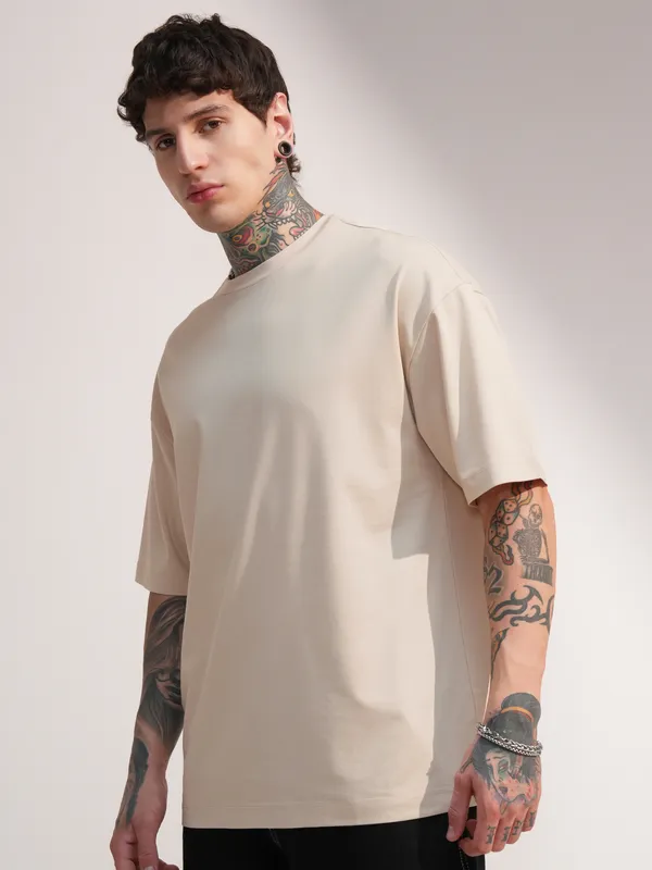 Highlander Men Beige Solid Round Neck Oversized Fit T-Shirt