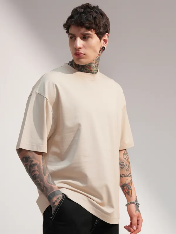 Highlander Men Beige Solid Round Neck Oversized Fit T-Shirt