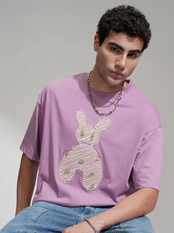 Highlander Men Mauve Embroidered Round Neck Oversized Fit T-Shirt
