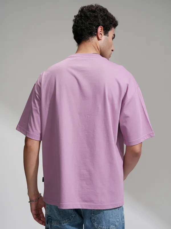 Highlander Men Mauve Embroidered Round Neck Oversized Fit T-Shirt