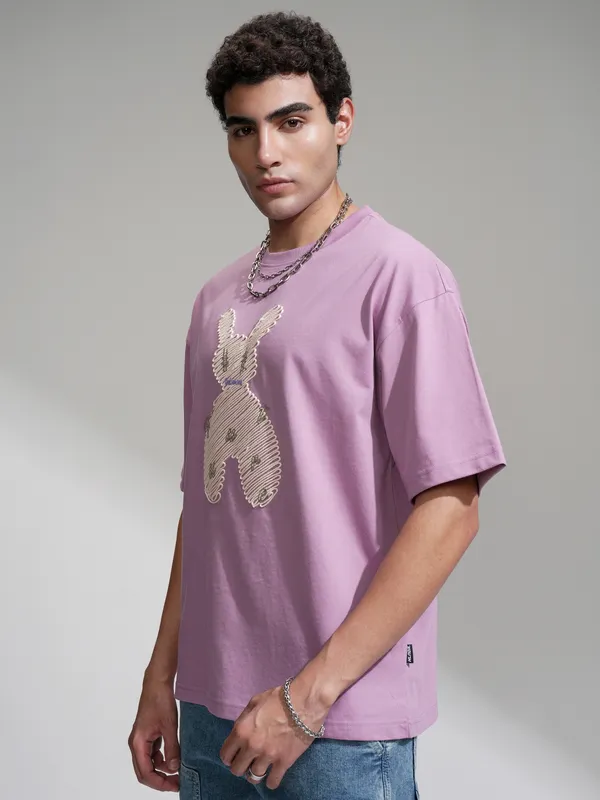 Highlander Men Mauve Embroidered Round Neck Oversized Fit T-Shirt