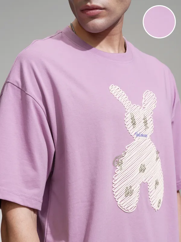 Highlander Men Mauve Embroidered Round Neck Oversized Fit T-Shirt
