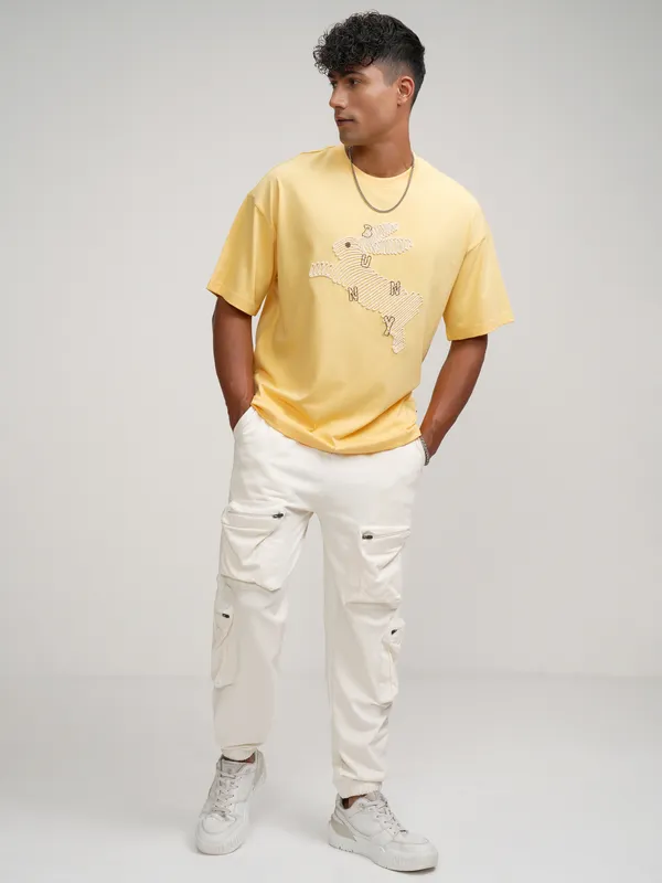 Highlander Men Yellow Embroidered Round Neck Oversized Fit T-Shirt