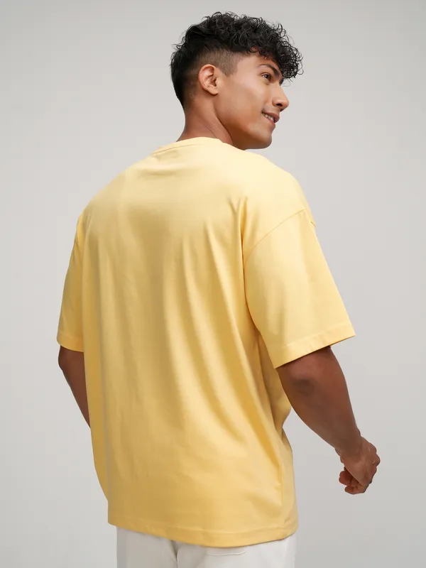 Highlander Men Yellow Embroidered Round Neck Oversized Fit T-Shirt