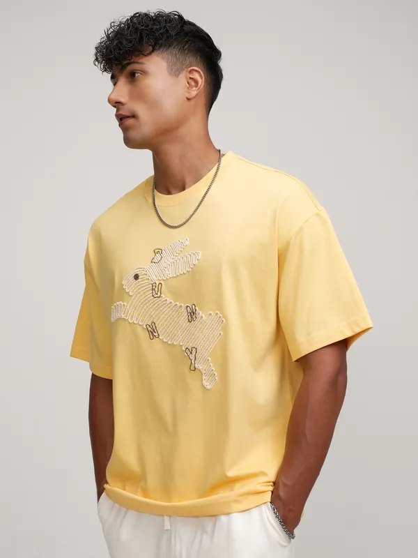Highlander Men Yellow Embroidered Round Neck Oversized Fit T-Shirt