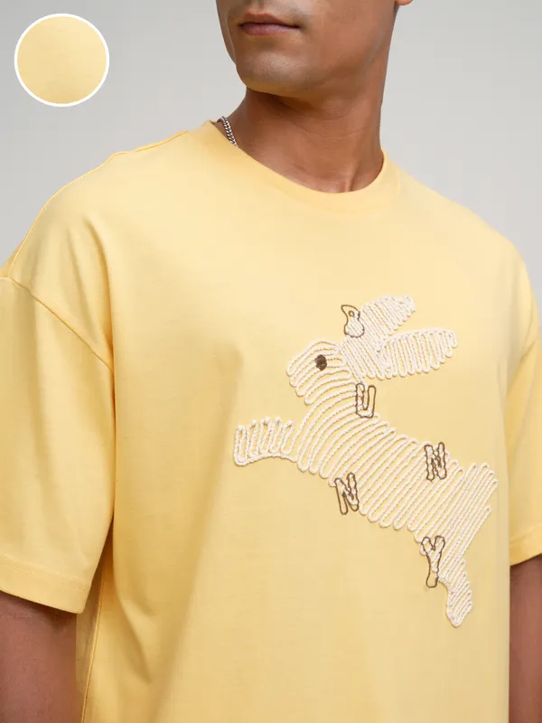 Highlander Men Yellow Embroidered Round Neck Oversized Fit T-Shirt