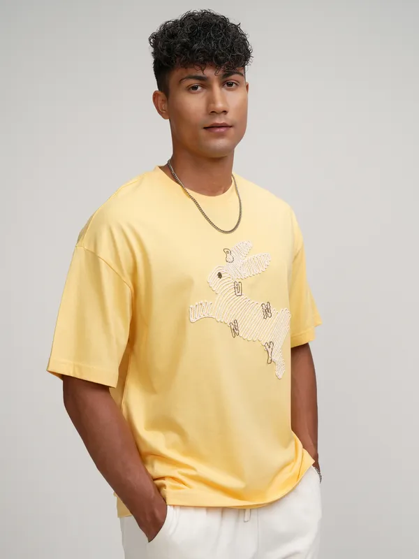 Highlander Men Yellow Embroidered Round Neck Oversized Fit T-Shirt
