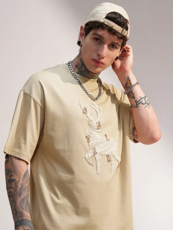 Highlander Men Beige Embroidered Round Neck Oversized Fit T-Shirt