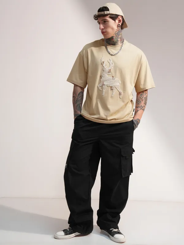 Highlander Men Beige Embroidered Round Neck Oversized Fit T-Shirt