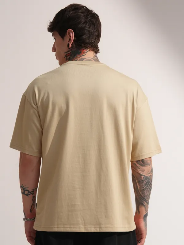 Highlander Men Beige Embroidered Round Neck Oversized Fit T-Shirt