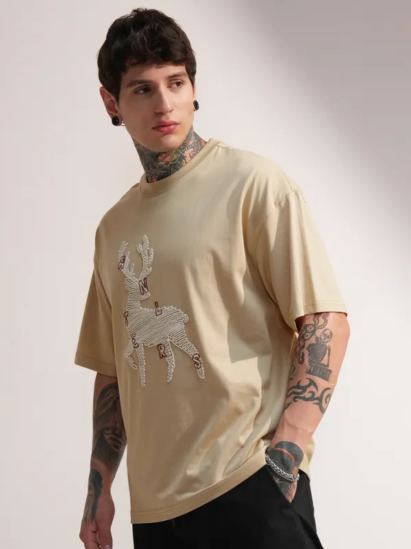 Highlander Men Beige Embroidered Round Neck Oversized Fit T-Shirt