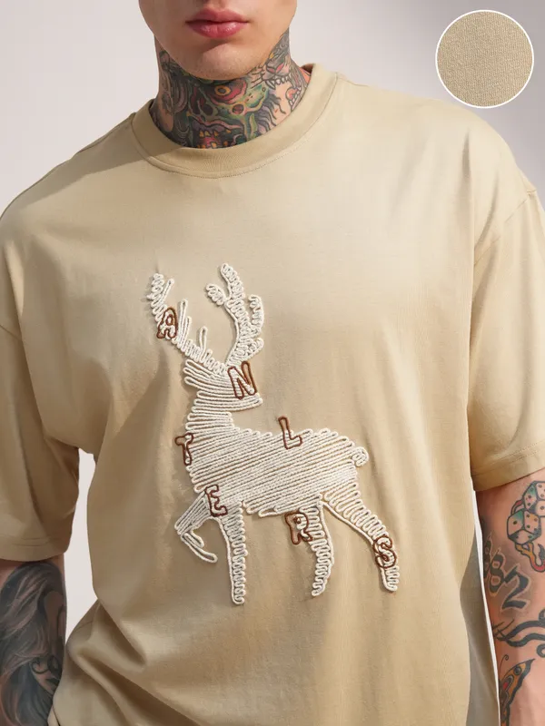 Highlander Men Beige Embroidered Round Neck Oversized Fit T-Shirt