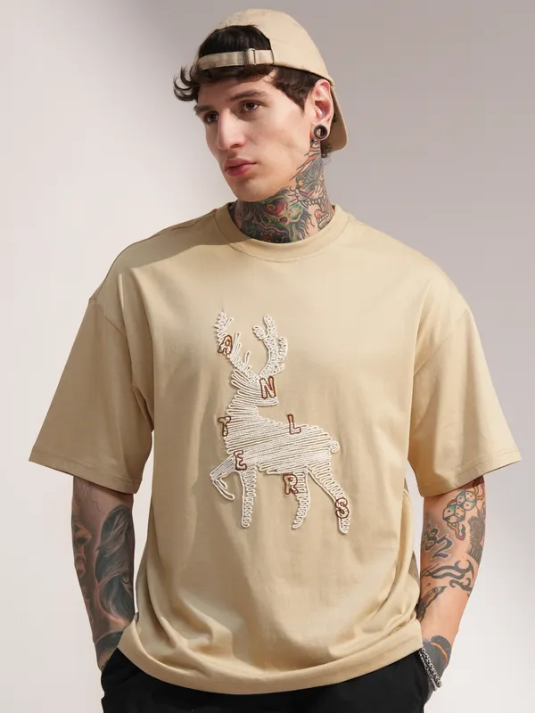 Highlander Men Beige Embroidered Round Neck Oversized Fit T-Shirt