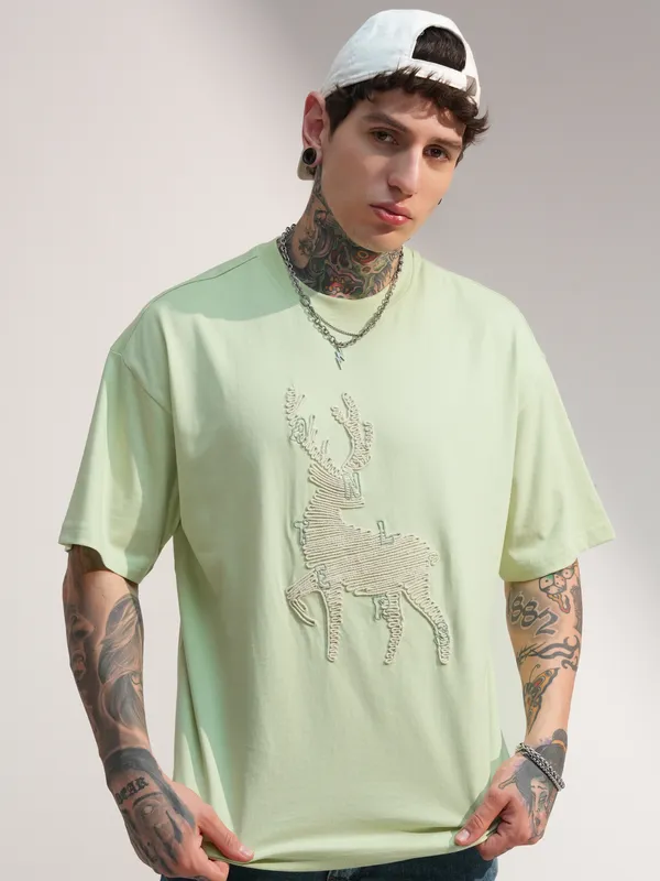 Highlander Men Green Embroidered Round Neck Oversized Fit T-Shirt