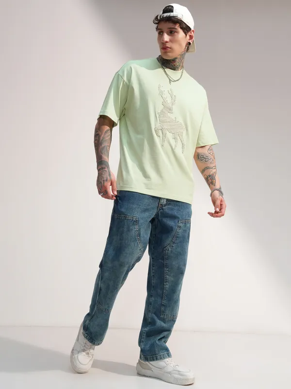 Highlander Men Green Embroidered Round Neck Oversized Fit T-Shirt