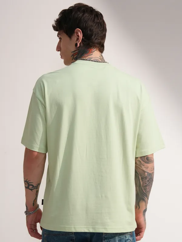 Highlander Men Green Embroidered Round Neck Oversized Fit T-Shirt