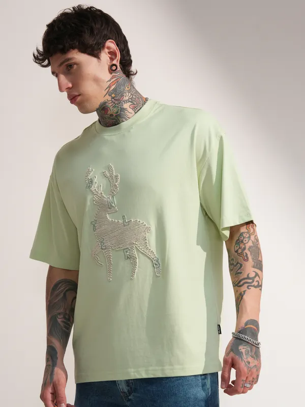 Highlander Men Green Embroidered Round Neck Oversized Fit T-Shirt