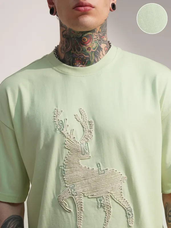 Highlander Men Green Embroidered Round Neck Oversized Fit T-Shirt