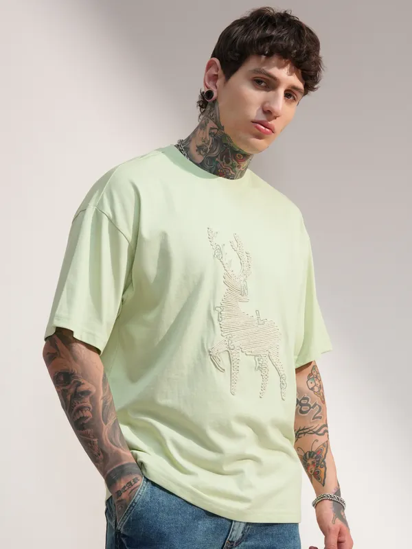 Highlander Men Green Embroidered Round Neck Oversized Fit T-Shirt