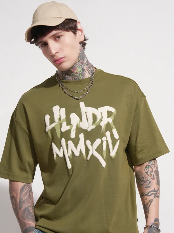 Highlander Men Olive Printed Round Neck Oversized Fit T-Shirt