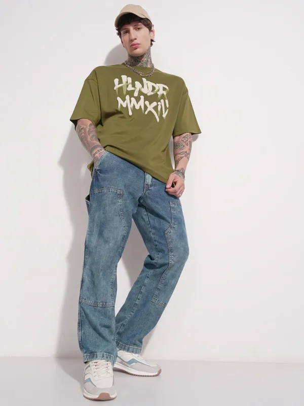 Highlander Men Olive Printed Round Neck Oversized Fit T-Shirt