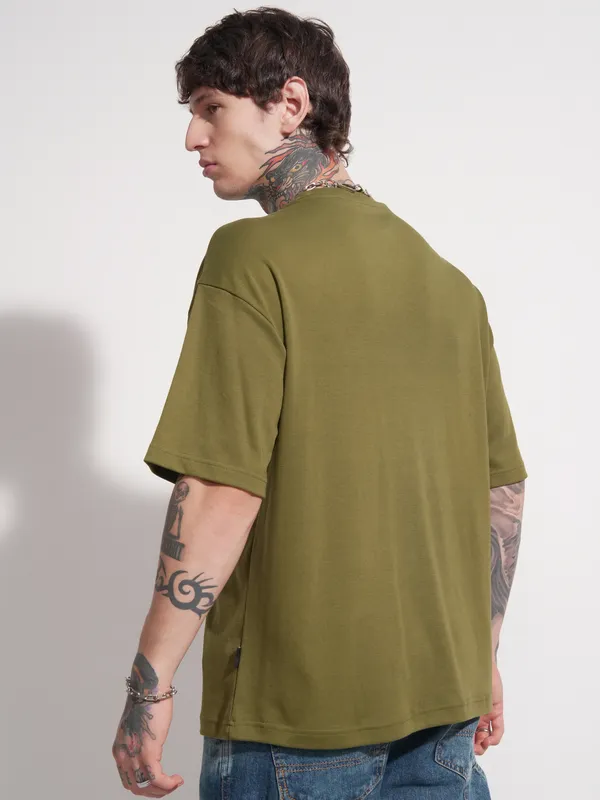 Highlander Men Olive Printed Round Neck Oversized Fit T-Shirt