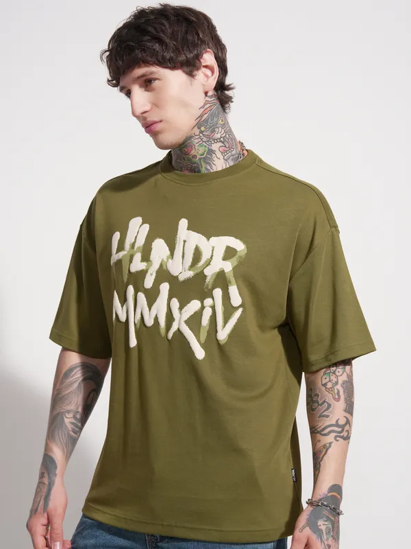 Highlander Men Olive Printed Round Neck Oversized Fit T-Shirt