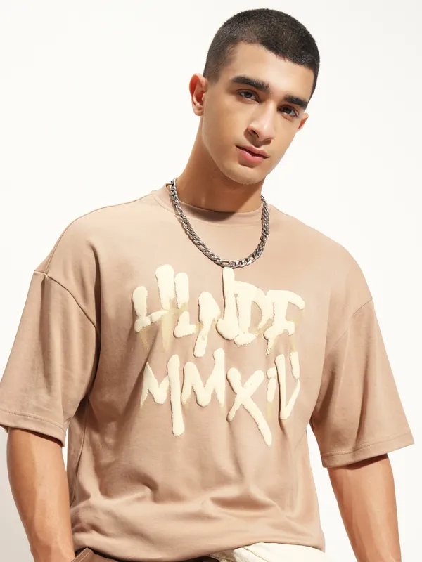 Highlander Men Beige Printed Round Neck Oversized Fit T-Shirt