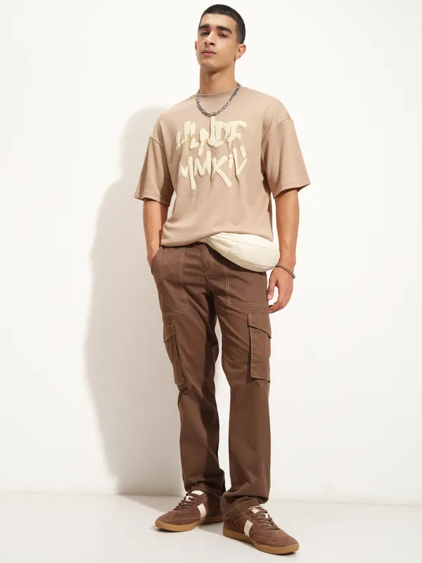 Highlander Men Beige Printed Round Neck Oversized Fit T-Shirt