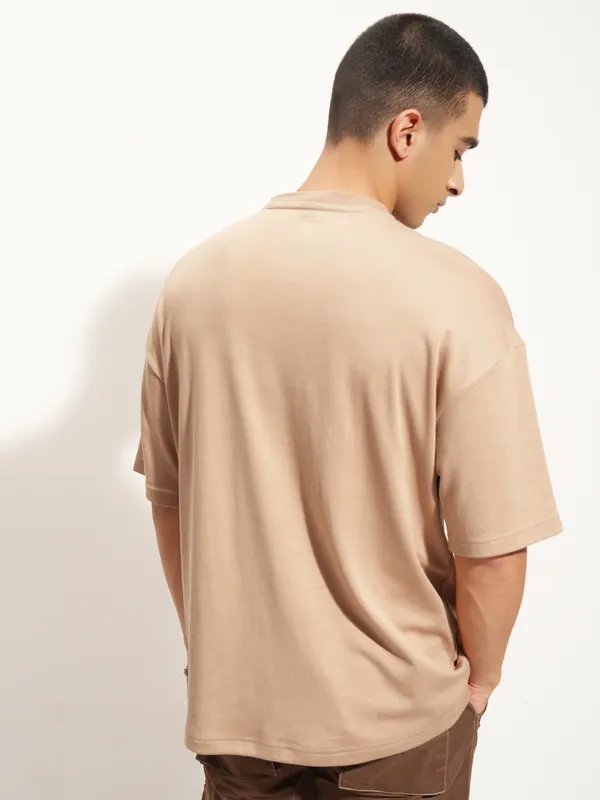 Highlander Men Beige Printed Round Neck Oversized Fit T-Shirt